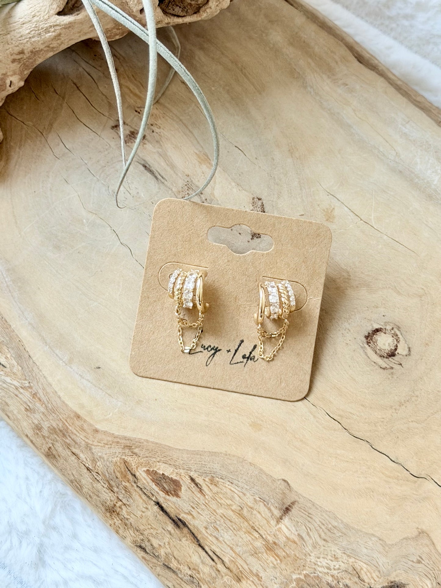 Stacked Zircon + Chain Triple Hoop Earrings