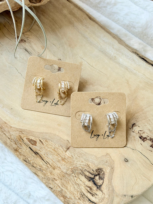 Stacked Zircon + Chain Triple Hoop Earrings