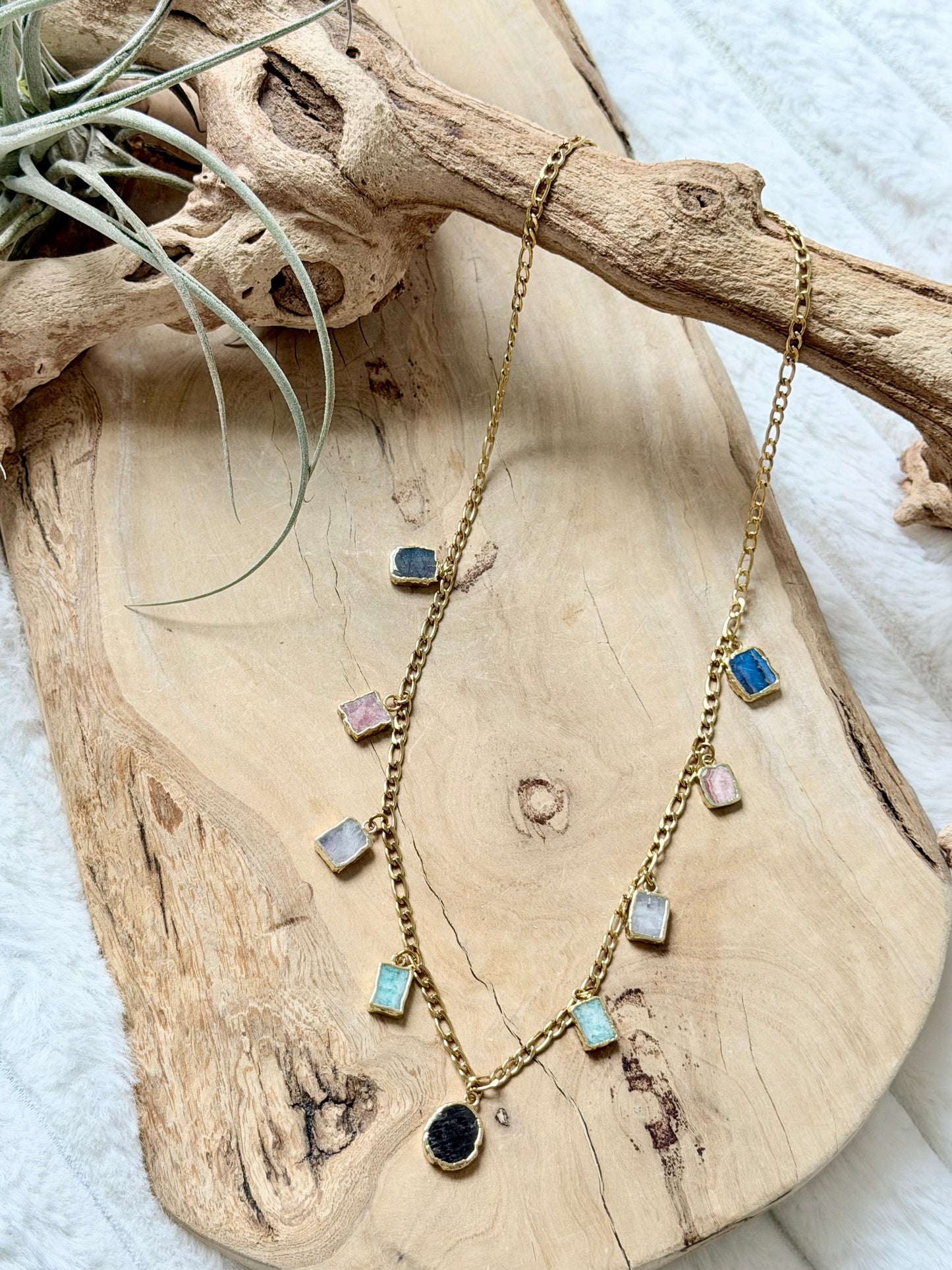 Mixed Gemstone + Gold Stainless Charm Necklace