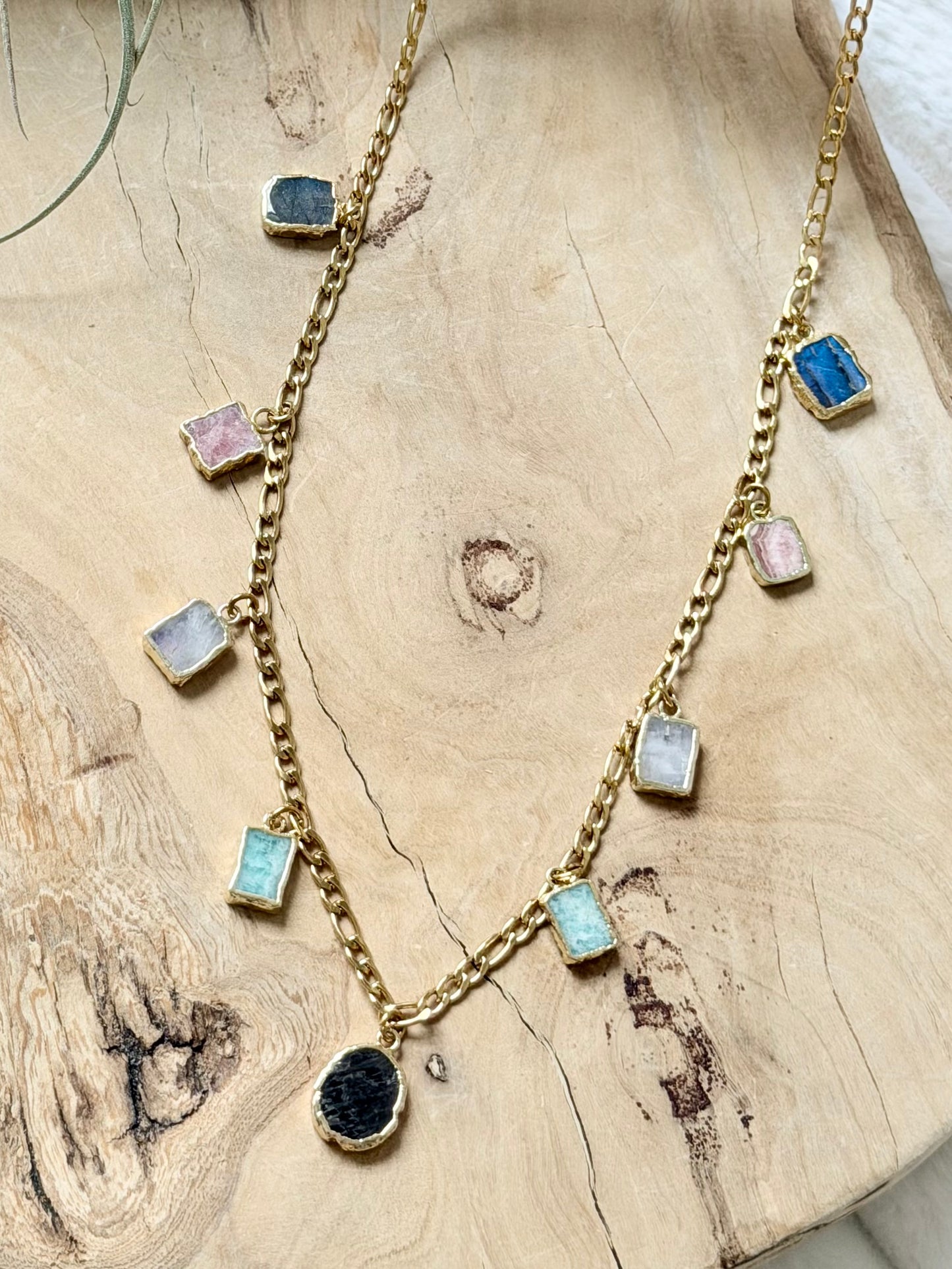 Mixed Gemstone + Gold Stainless Charm Necklace