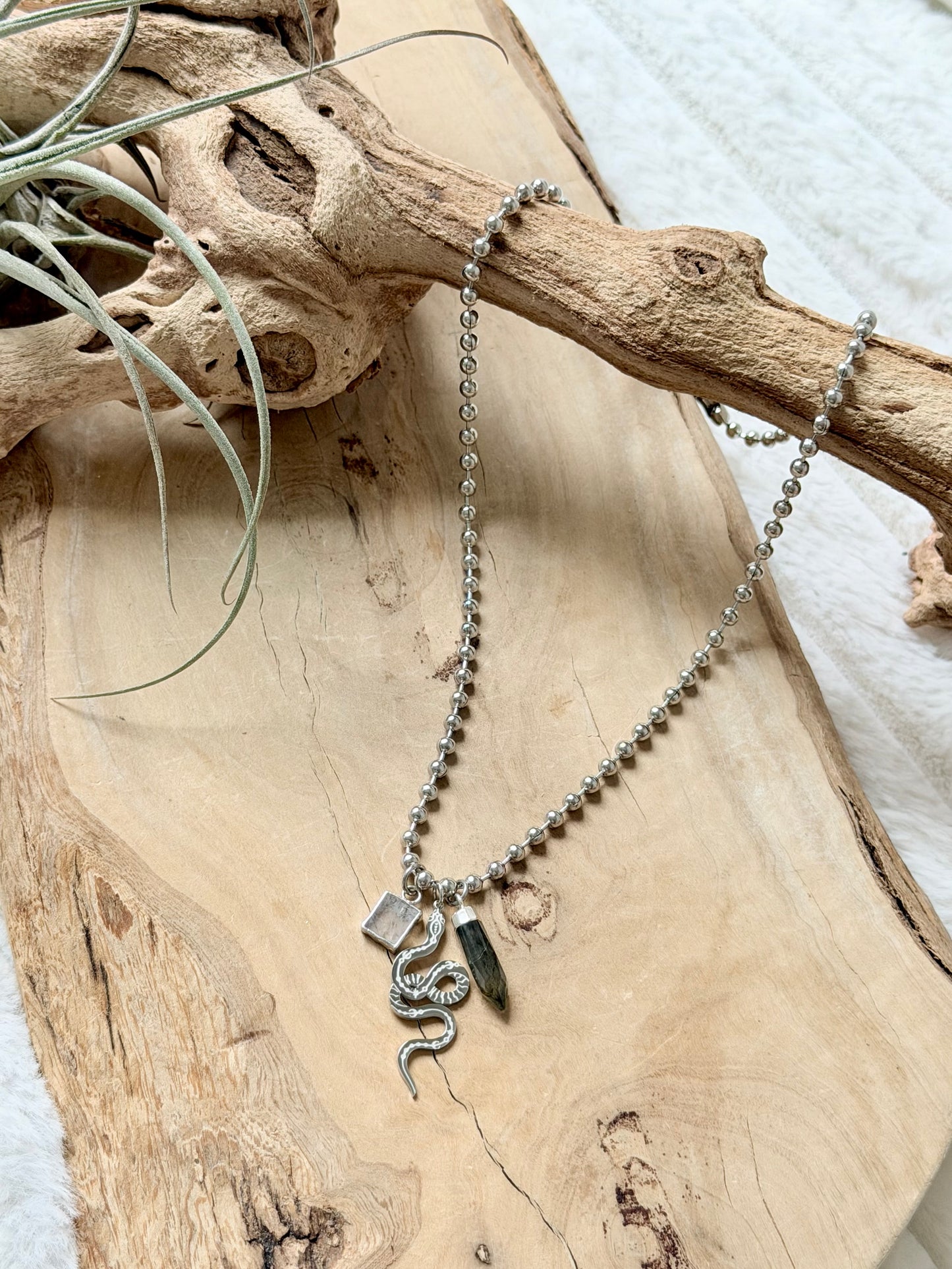 Labradorite + Moonstone Silver Snake Necklace