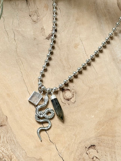 Labradorite + Moonstone Silver Snake Necklace