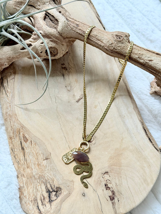 Chocolate Moonstone + Gold Evil Eye Carabiner Herringbone Necklace