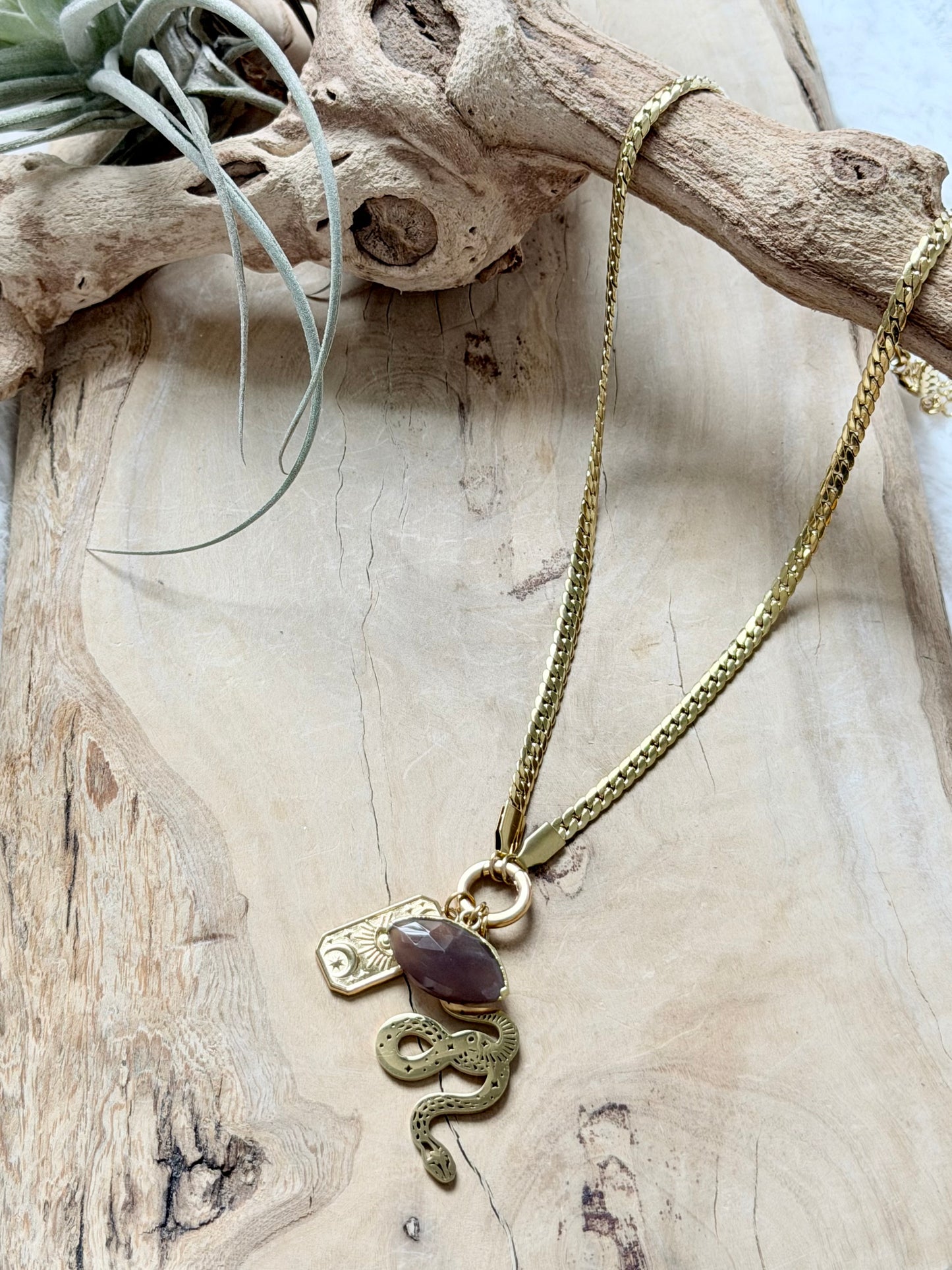 Chocolate Moonstone + Gold Evil Eye Carabiner Herringbone Necklace