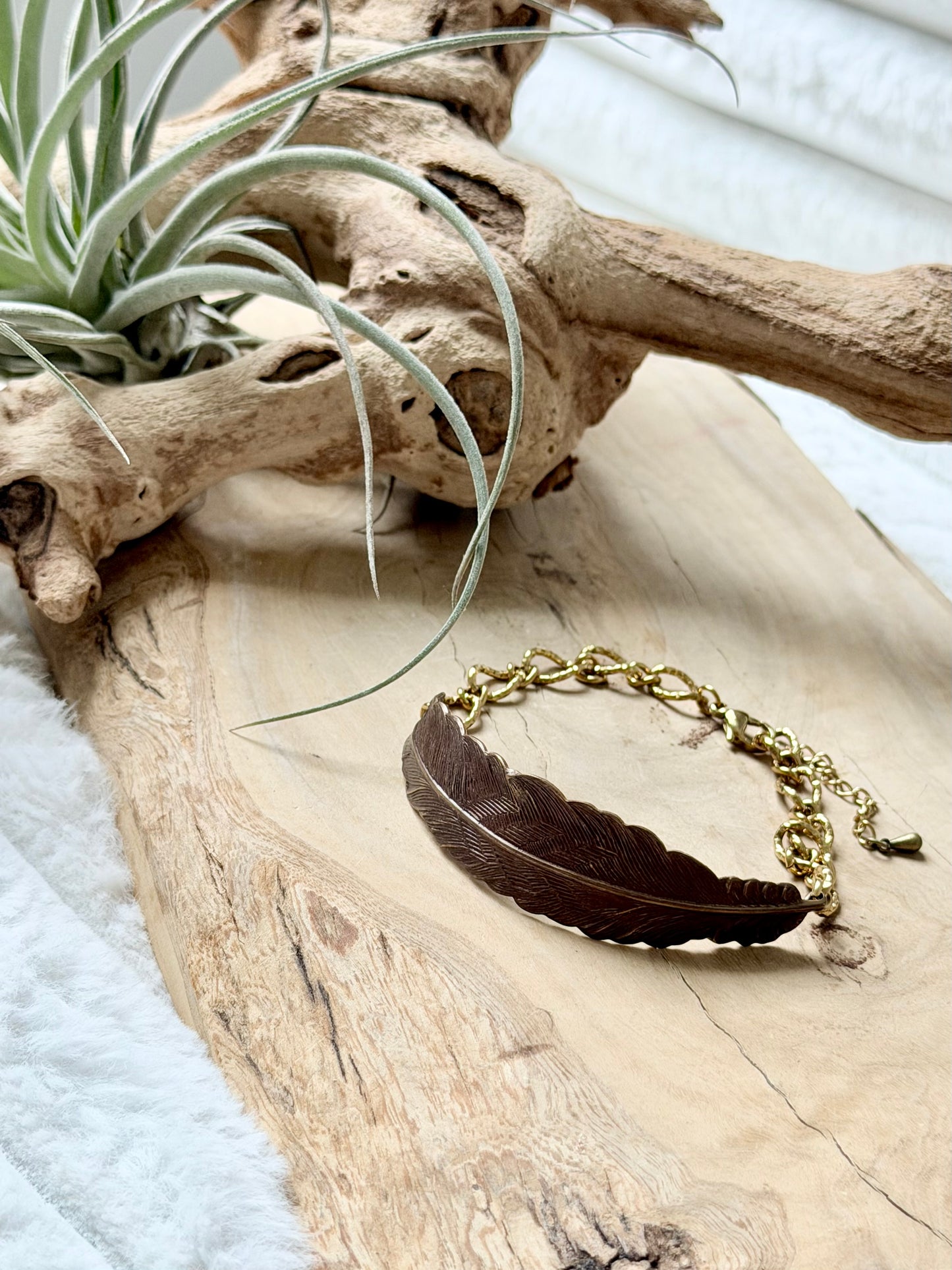 Antique Brass + Gold Stainless Feather Bracelet