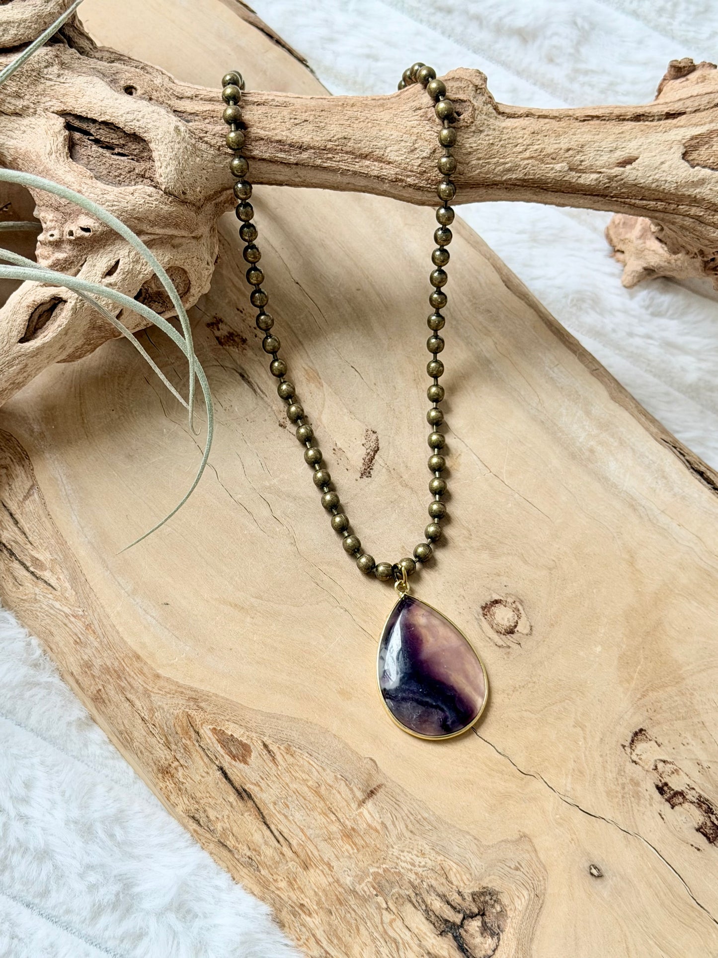 Fluorite + Antique Brass Necklace