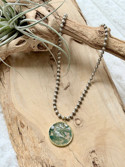 Moss Agate + Antique Silver Necklace