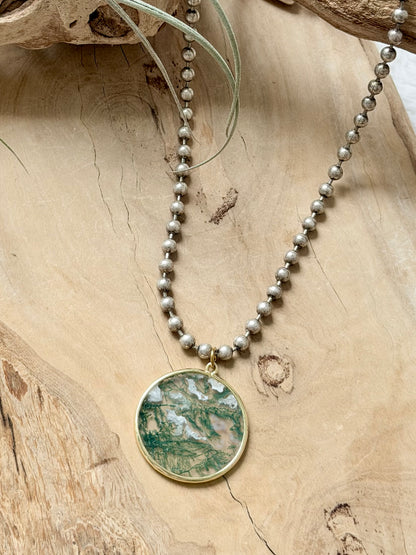 Moss Agate + Antique Silver Necklace