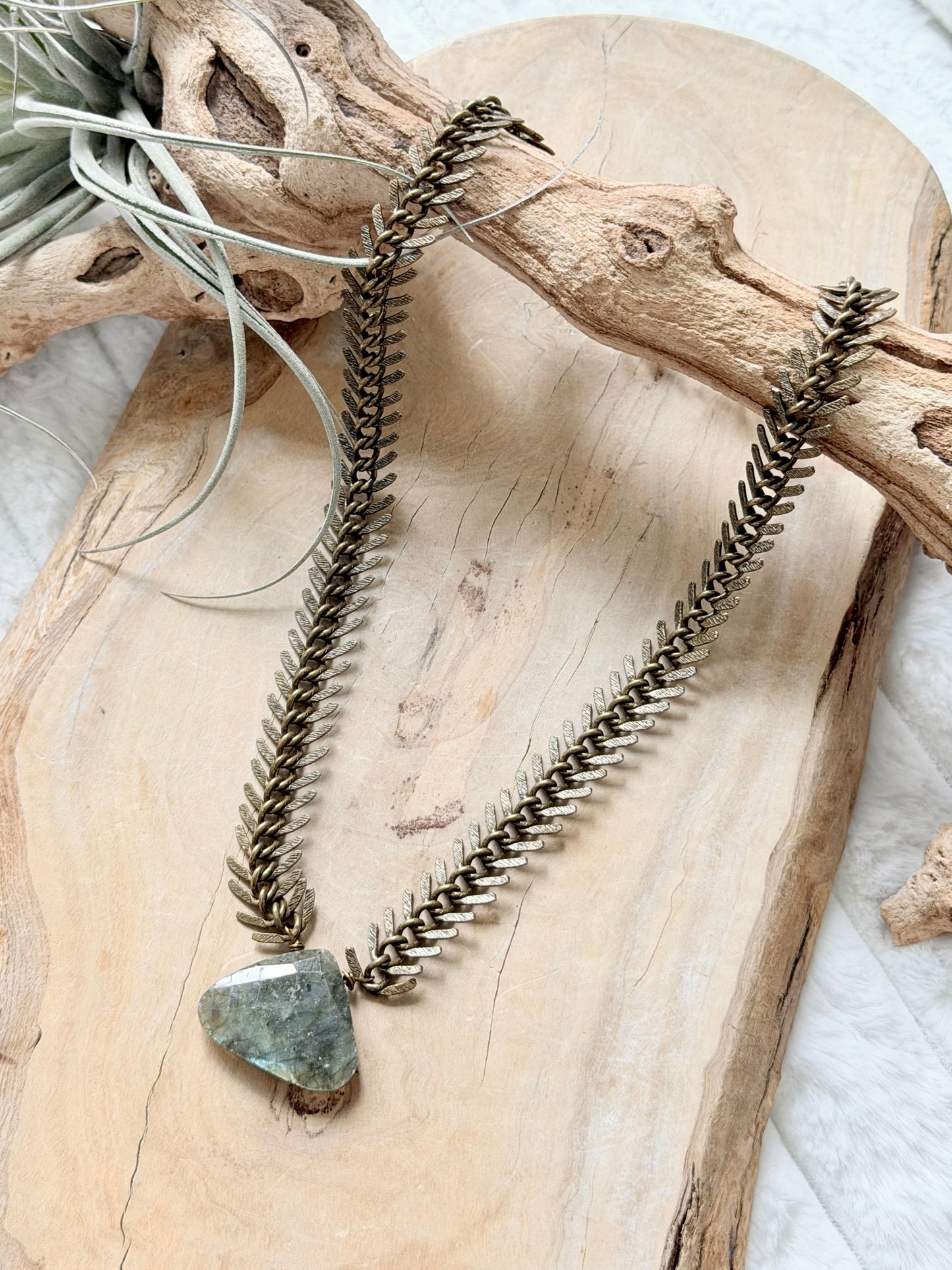 Labradorite + Antique Brass Fishbone Necklace