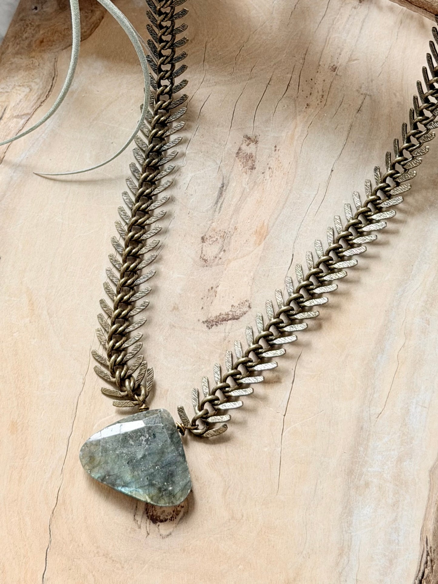 Labradorite + Antique Brass Fishbone Necklace