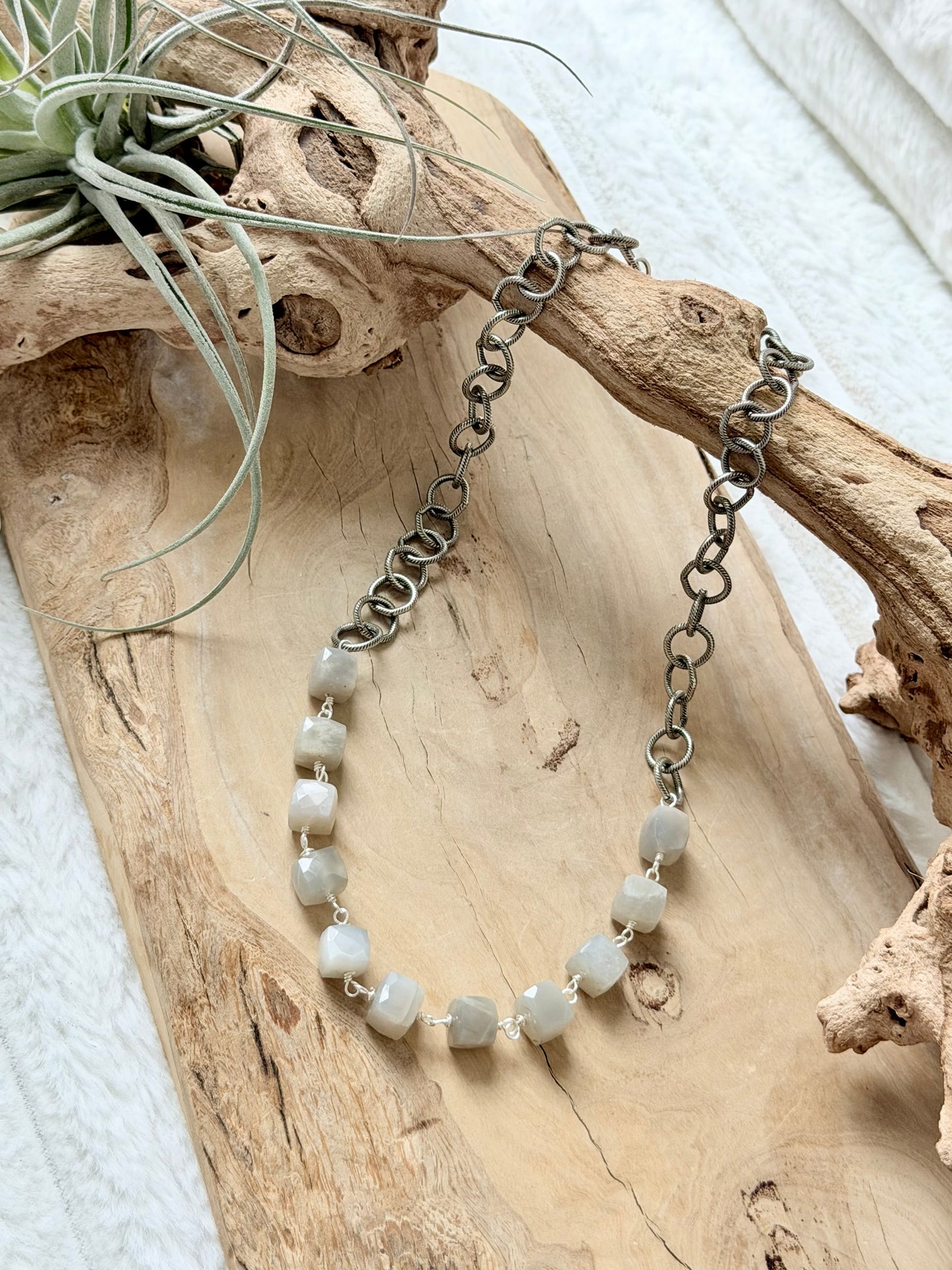 Gray Moonstone + Antique Silver Necklace