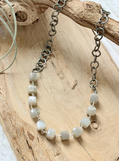 Gray Moonstone + Antique Silver Necklace
