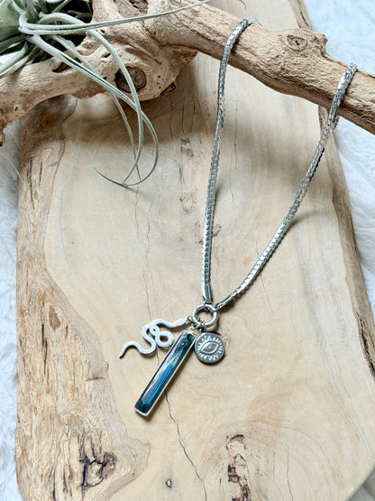 Labradorite + Silver Carabiner Herringbone Necklace
