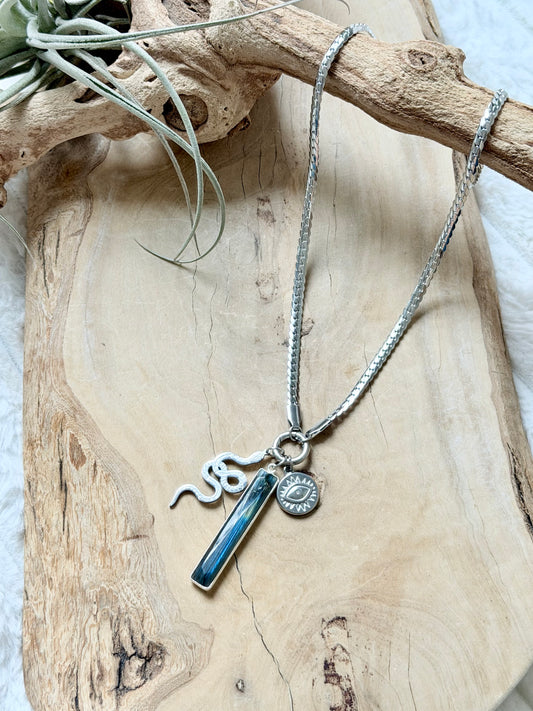 Labradorite + Silver Carabiner Herringbone Necklace