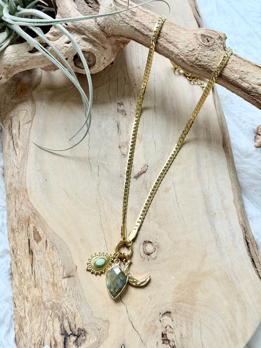 Labradorite + Gold Carabiner Herringbone Necklace