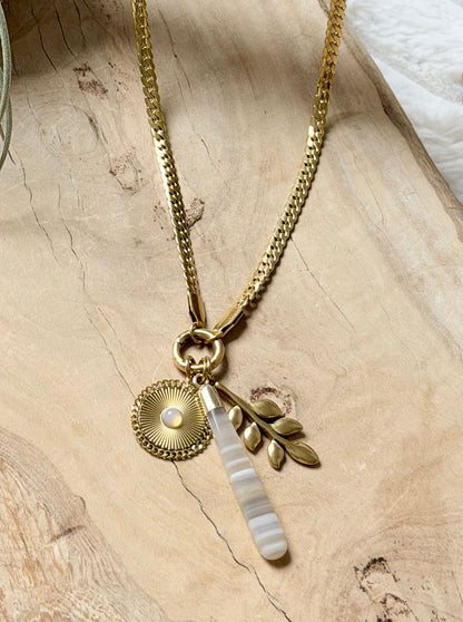 Banded Agate + Gold Carabiner Herringbone Necklace