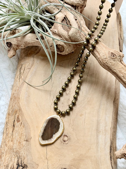 Large Agate + Antique Brass Ball Chain Necklace