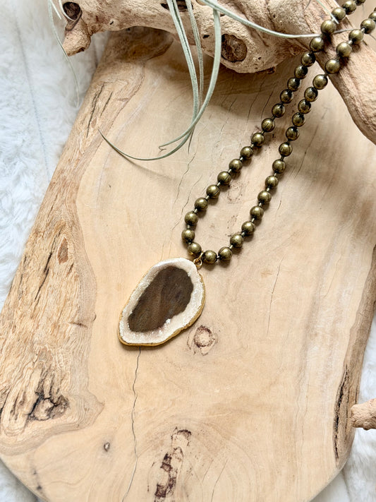 Large Agate + Antique Brass Ball Chain Necklace