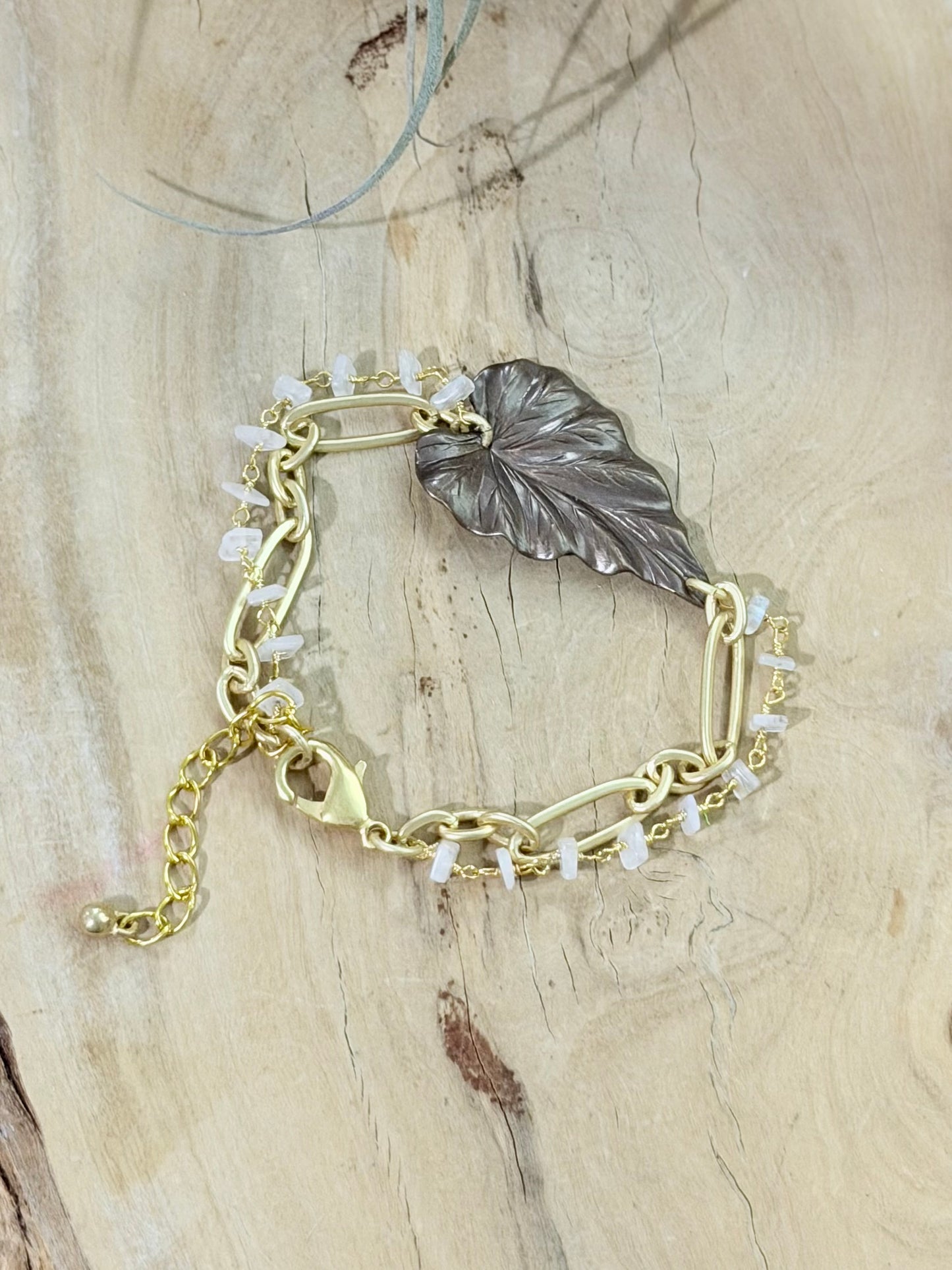 Antique Brass Leaf + Moonstone Matte Gold Chain Bracelet