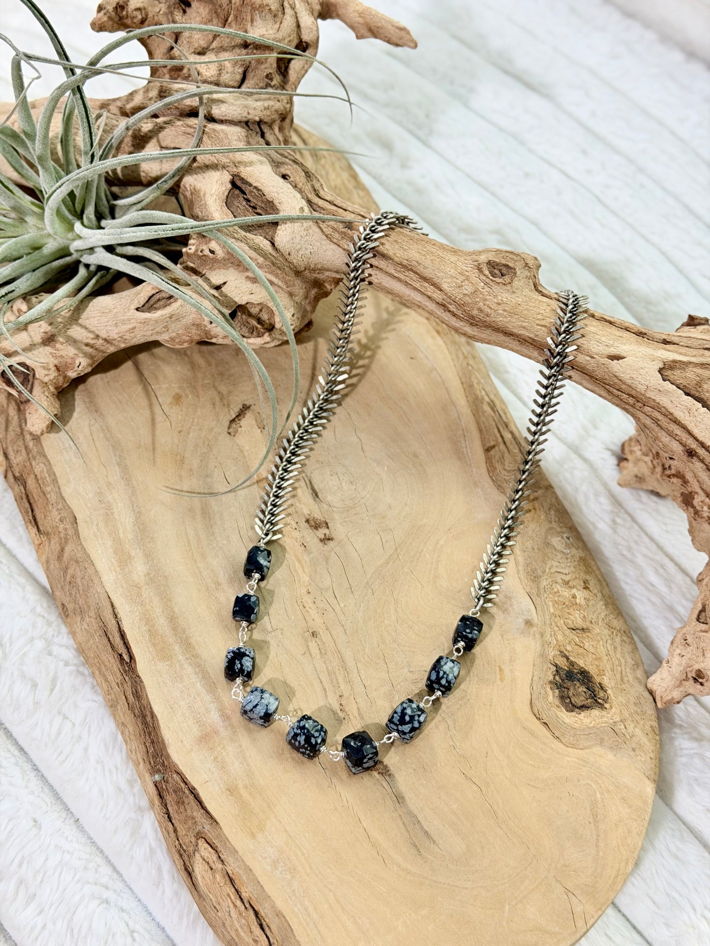 Snowflake Obsidian + Antique Silver Fishbone Necklace