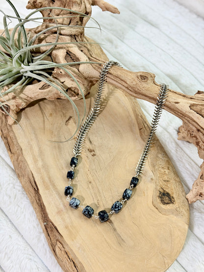 Snowflake Obsidian + Antique Silver Fishbone Necklace