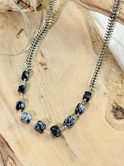 Snowflake Obsidian + Antique Silver Fishbone Necklace