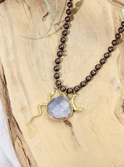 Chocolate Moonstone + Mixed Metals Ball Chain Necklace