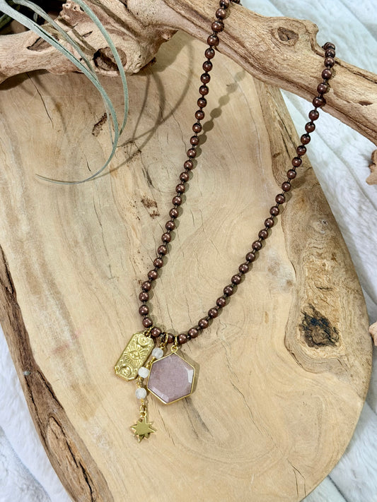 Peach Moonstone + Mixed Metals Ball Chain Necklace