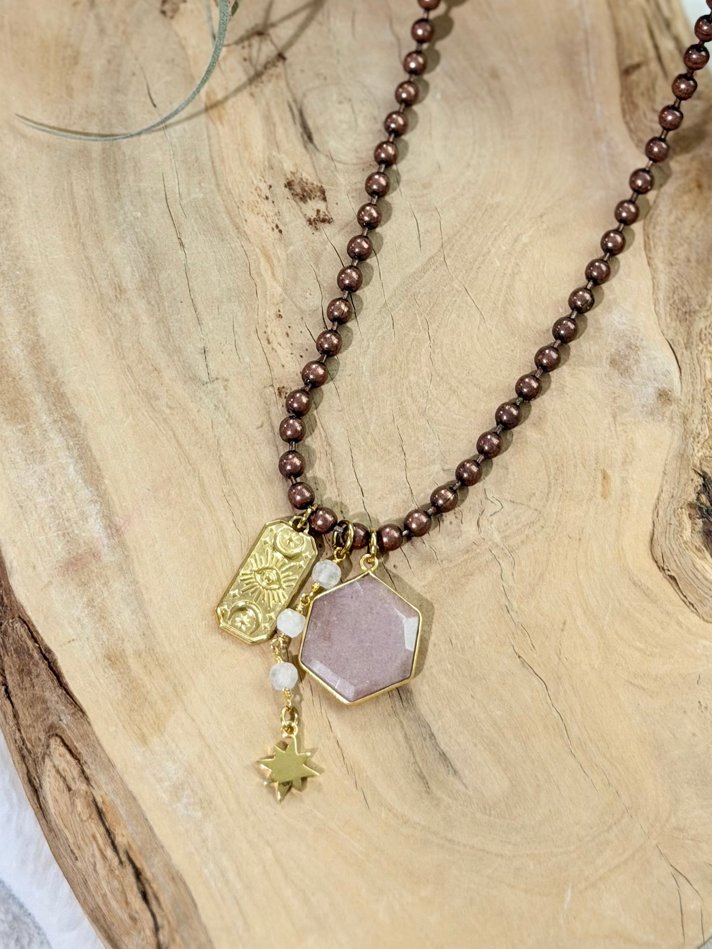 Peach Moonstone + Mixed Metals Ball Chain Necklace