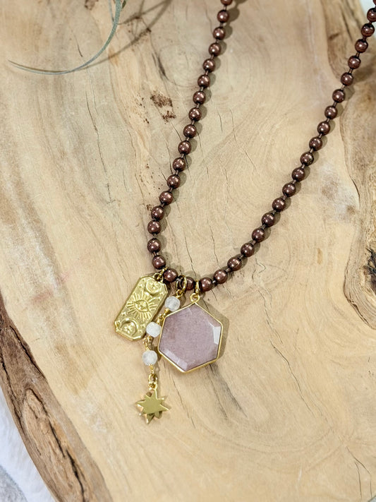 Peach Moonstone + Mixed Metals Ball Chain Necklace