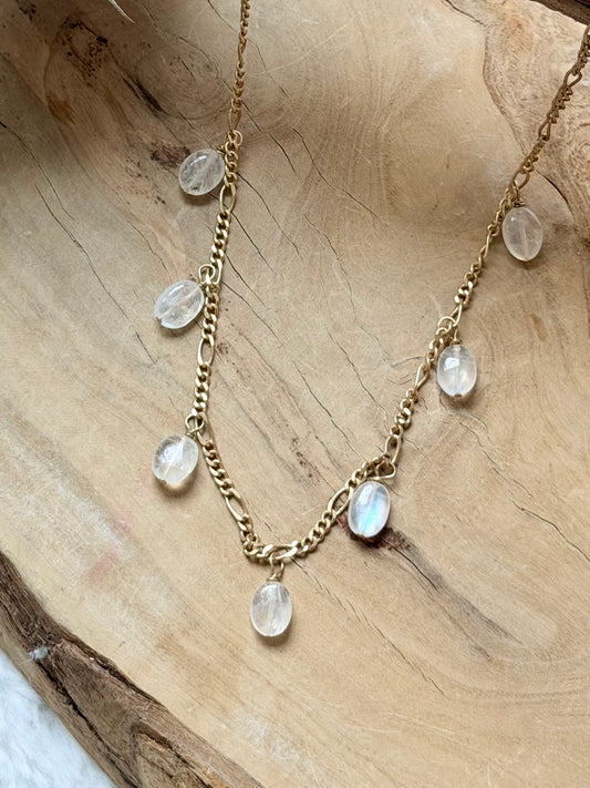 Rainbow Moonstone + Matte Gold Necklace
