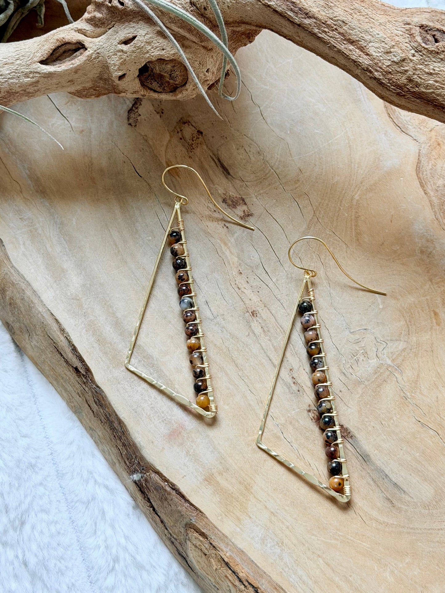 Cheetah Agate + Gold Large Triangle Earrings