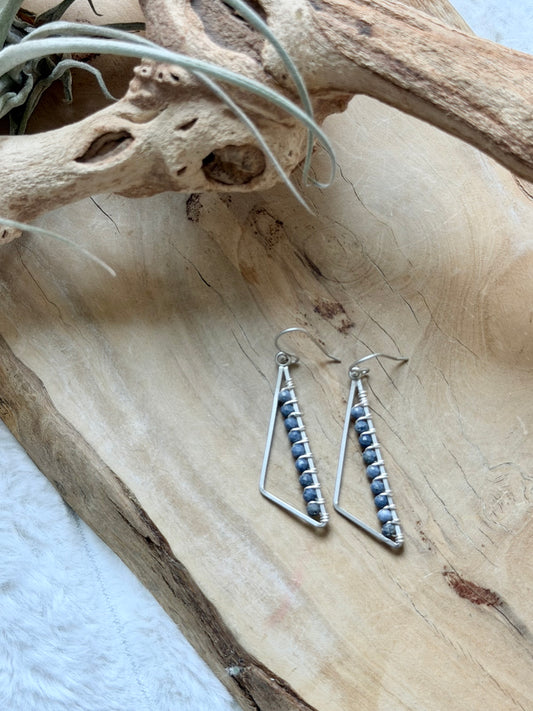 Blue Sponge Coral + Matte Silver Triangle Earrings