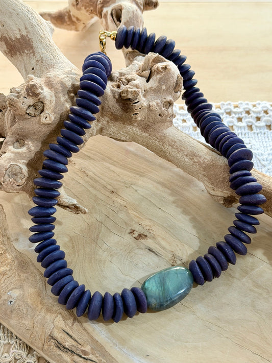 Labradorite + African Ceramic Gold Chunky Necklace