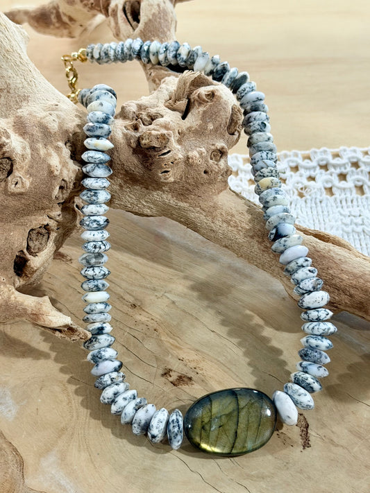 Luxe Dendritic White Opal + Labradorite Gold Chunky Necklace
