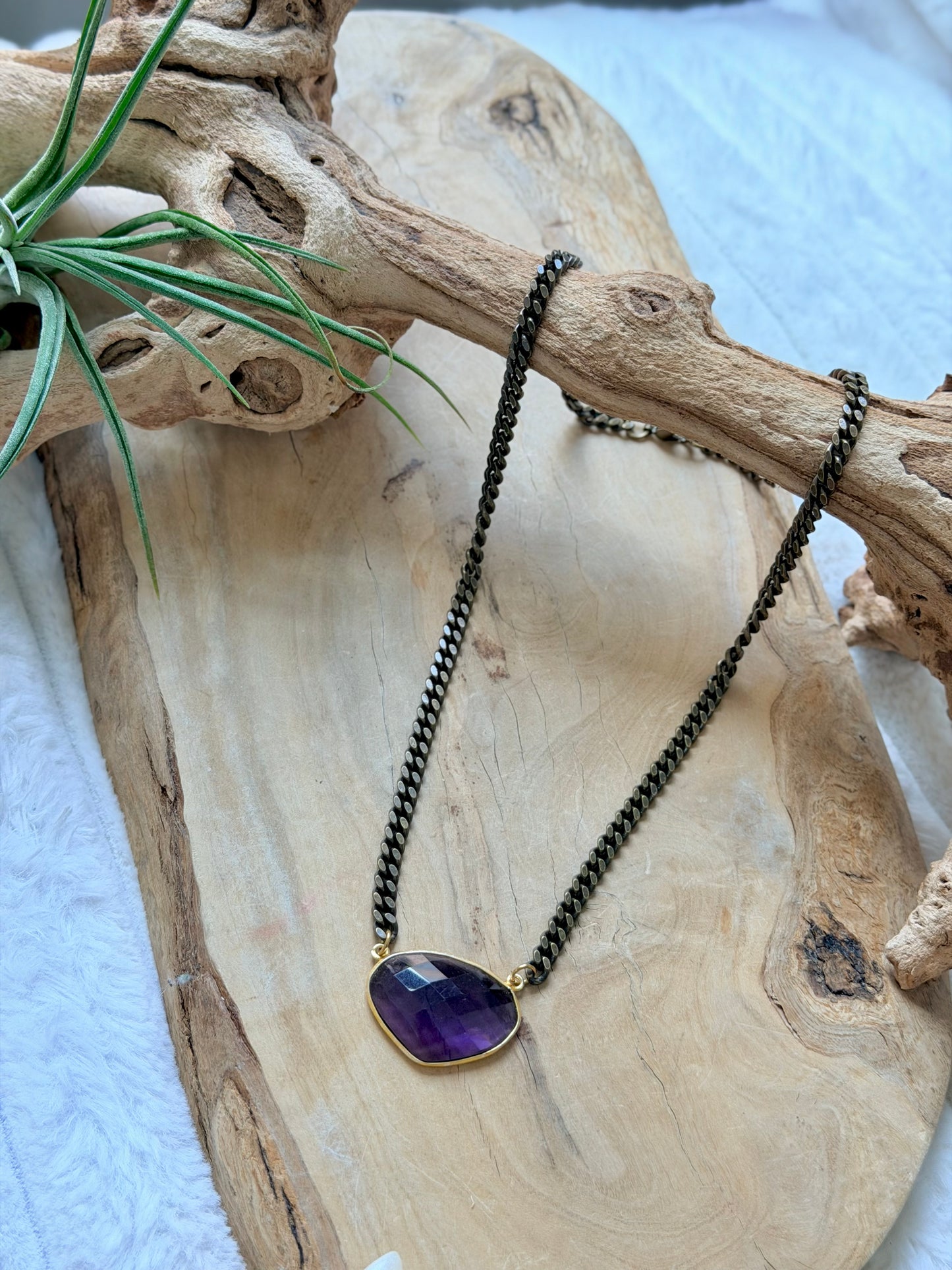 Amethyst + Antique Brass Necklace