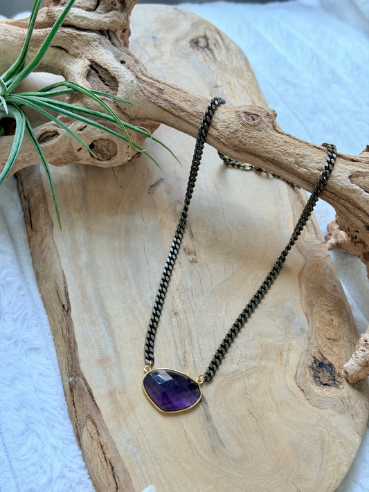 Amethyst + Antique Brass Necklace
