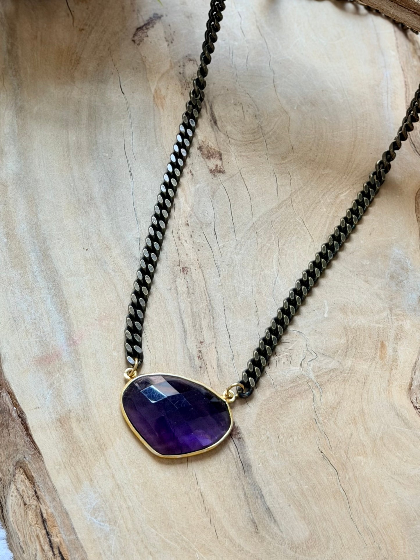 Amethyst + Antique Brass Necklace