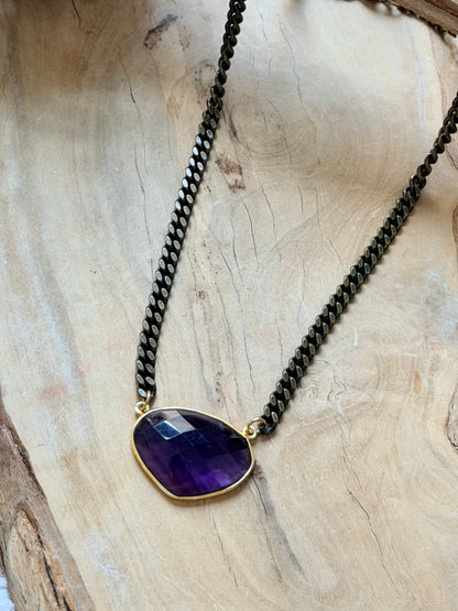 Amethyst + Antique Brass Necklace