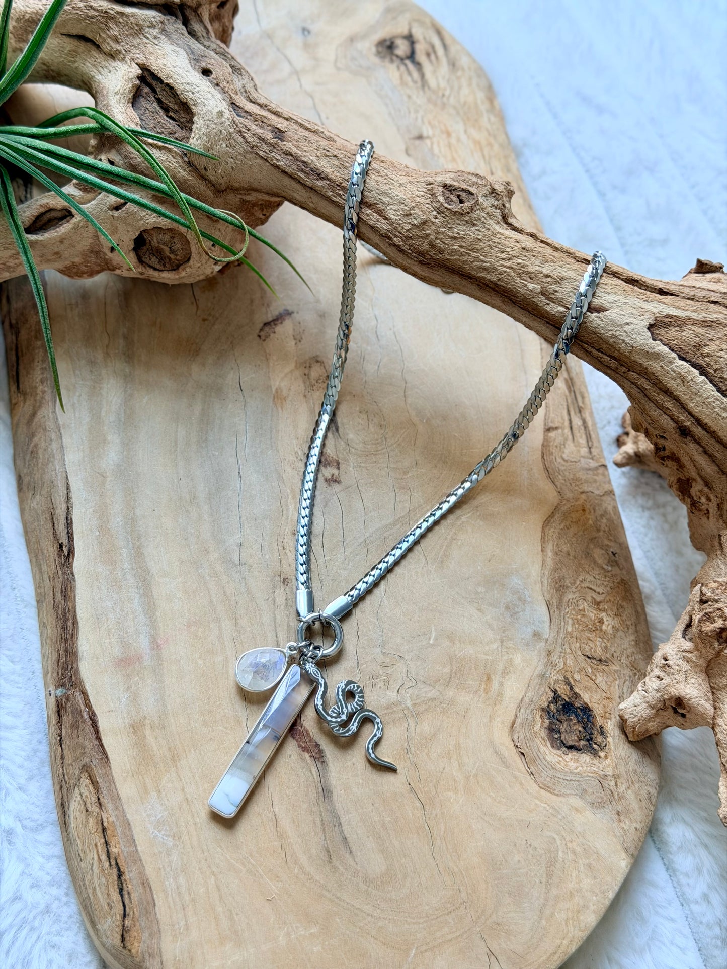Rainbow Moonstone + Agate in Silver Carabiner Herringbone Necklace