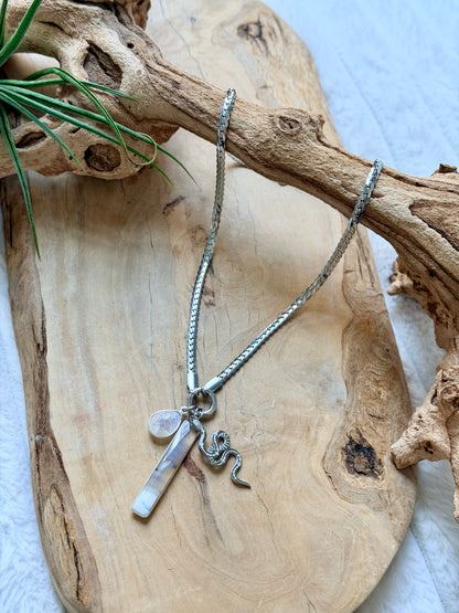 Rainbow Moonstone + Agate in Silver Carabiner Herringbone Necklace