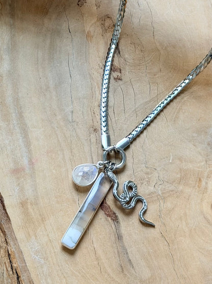 Rainbow Moonstone + Agate in Silver Carabiner Herringbone Necklace