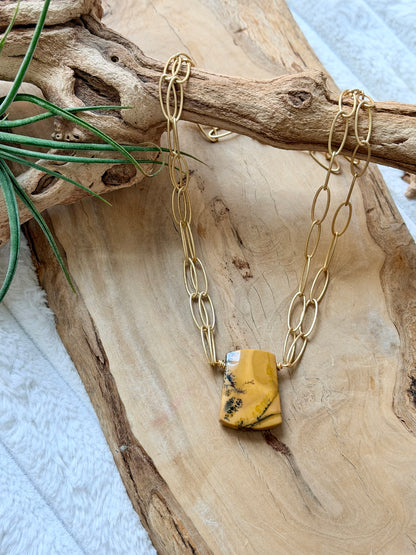 Utah Black Feather Jasper + Matte Gold Double Chain Necklace