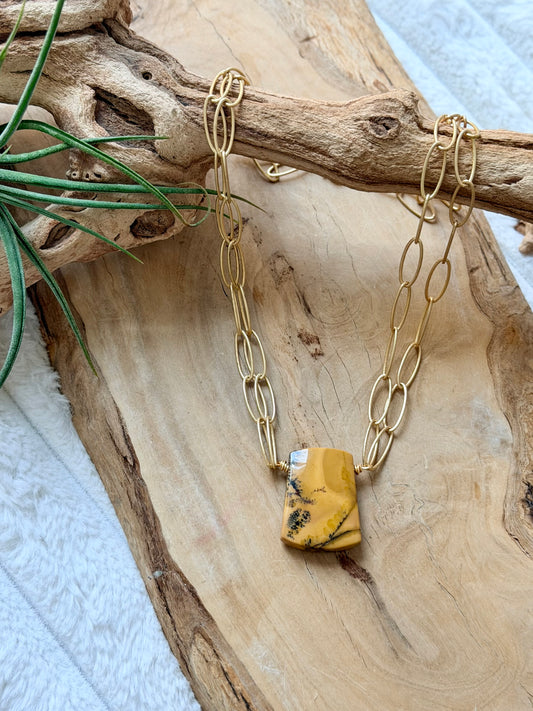 Utah Black Feather Jasper + Matte Gold Double Chain Necklace