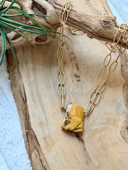 Utah Black Feather Jasper + Matte Gold Double Chain Necklace