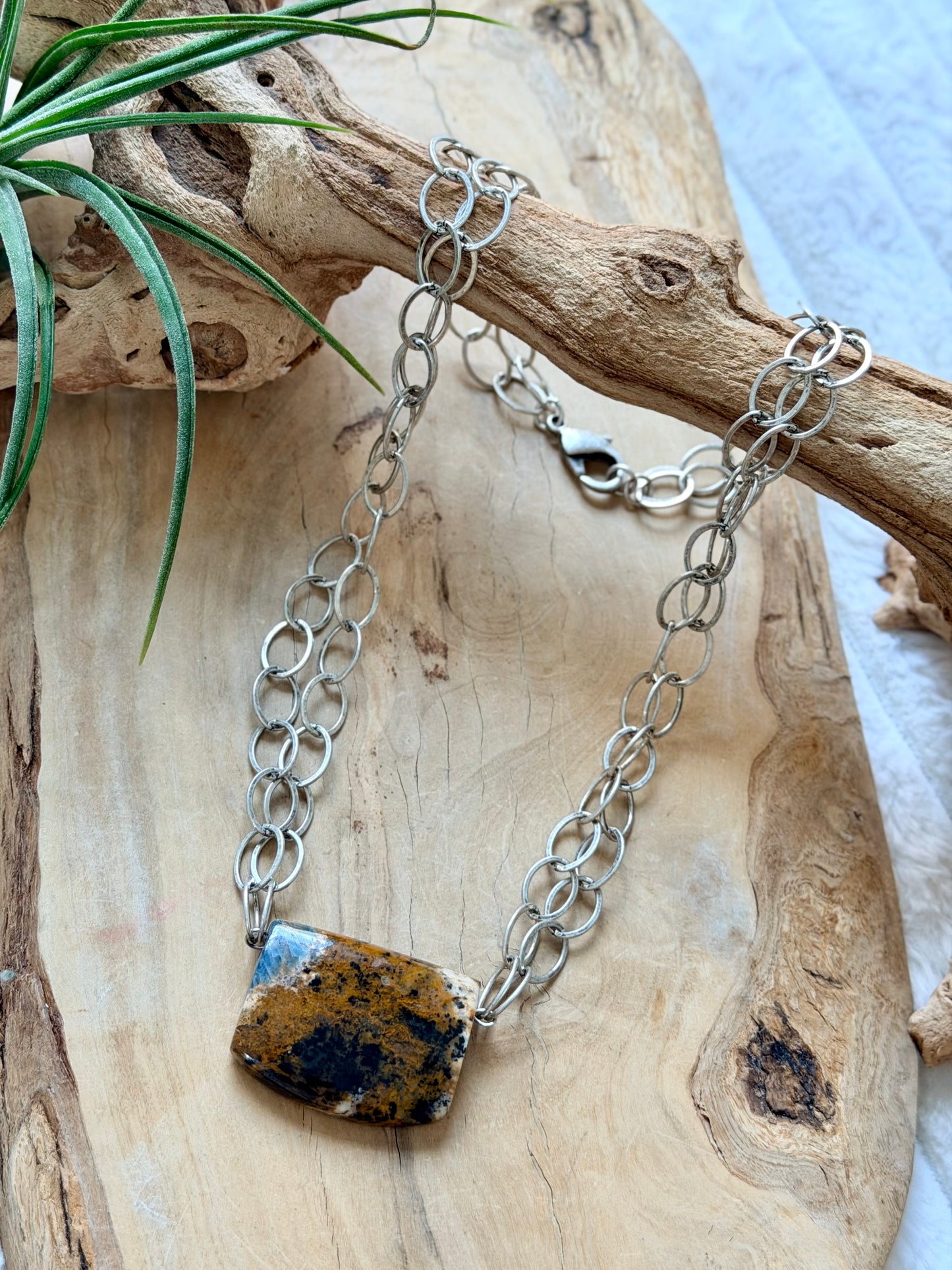 Apatite in Brown Opal + Antique Silver Double Chain Necklace