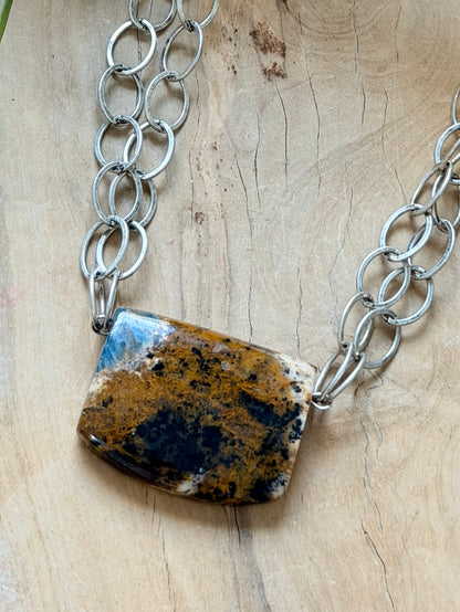 Apatite in Brown Opal + Antique Silver Double Chain Necklace