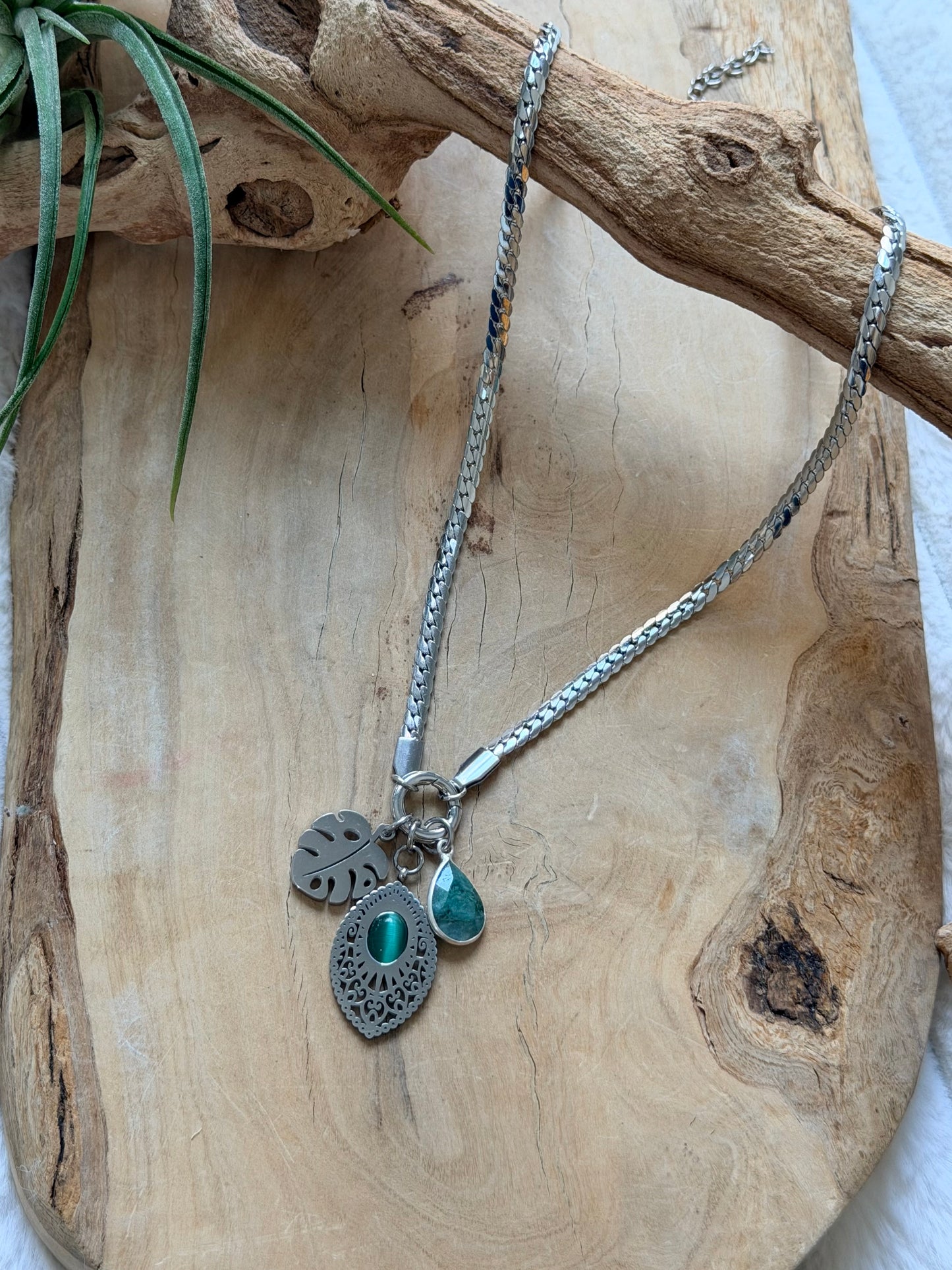 Emerald + Cat Eye in Silver Carabiner Herringbone Necklace