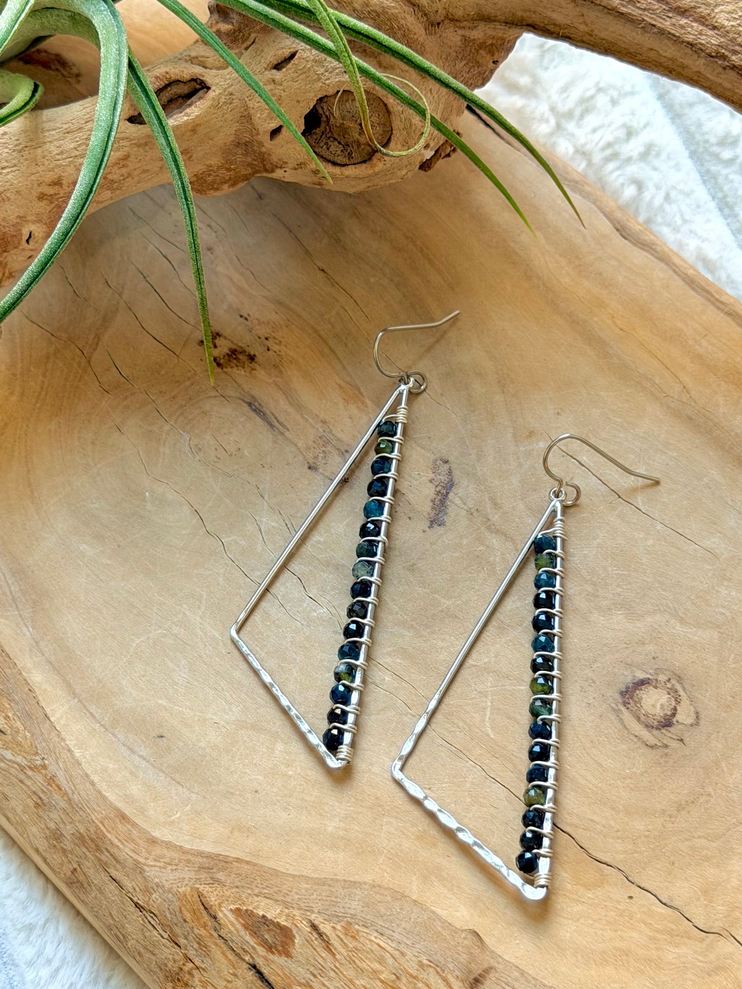 Blue-Green Tourmaline + Silver Large Triangle Earrings