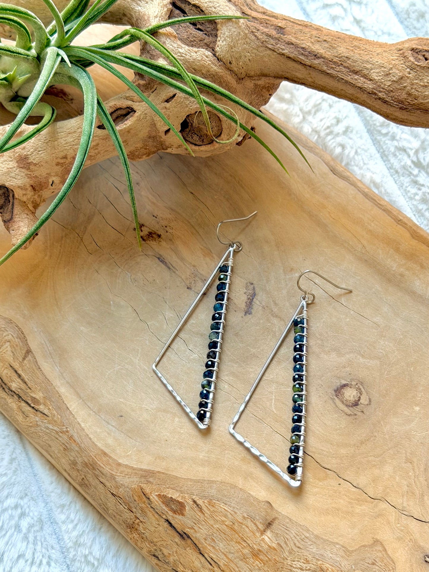Blue-Green Tourmaline + Silver Large Triangle Earrings